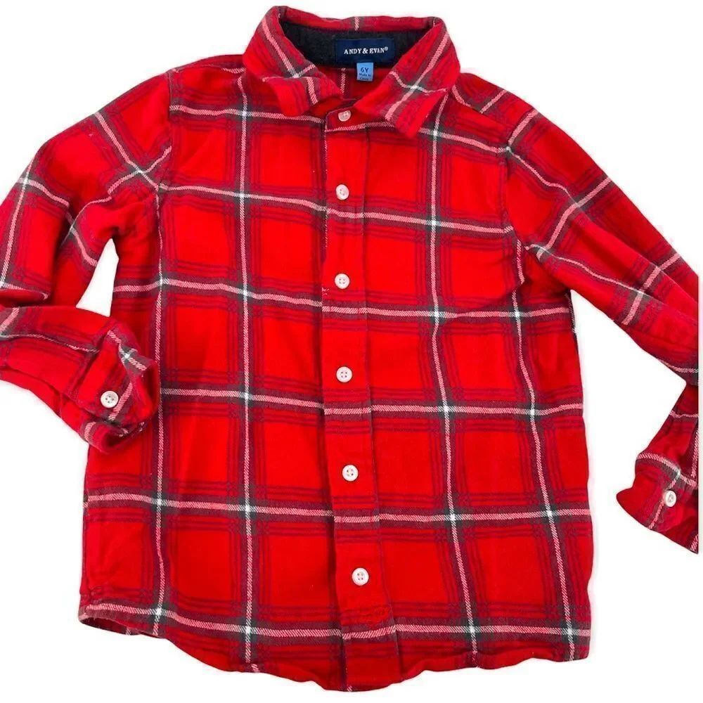 Andy & Evan Boy’s Red Checkered Plaid Long Sleeve Button Front Flannel Shirt 6Y